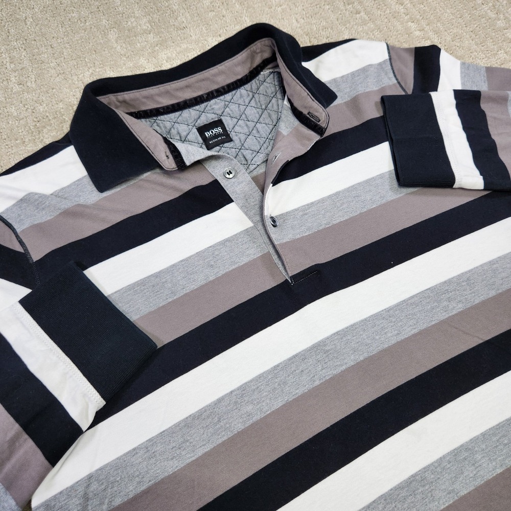 Hugo Boss Rugby‎ Style Shirt Men Large Striped Regular Fit Cotton Black Gray